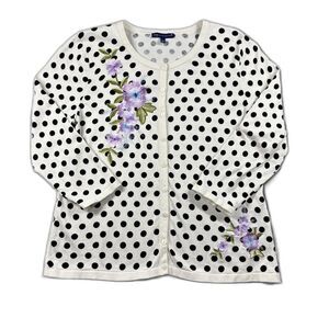 RSVP Talbots Women Cardigan Sweater Embroidered Polka Dots Floral Large M101